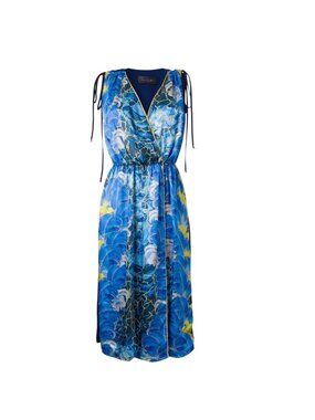 Romance Was Born Rococo Plume Wrap V-Neck Silk Velvet Blue Midi Dress 10